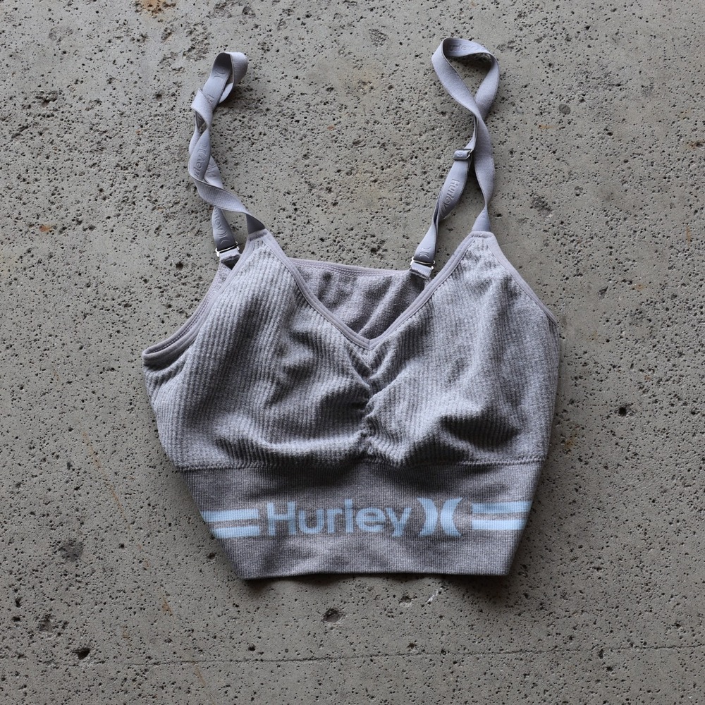 Hurley Seamless Ribbed Bralette Sports Bra Gray Blue Logo Band Women's Size L